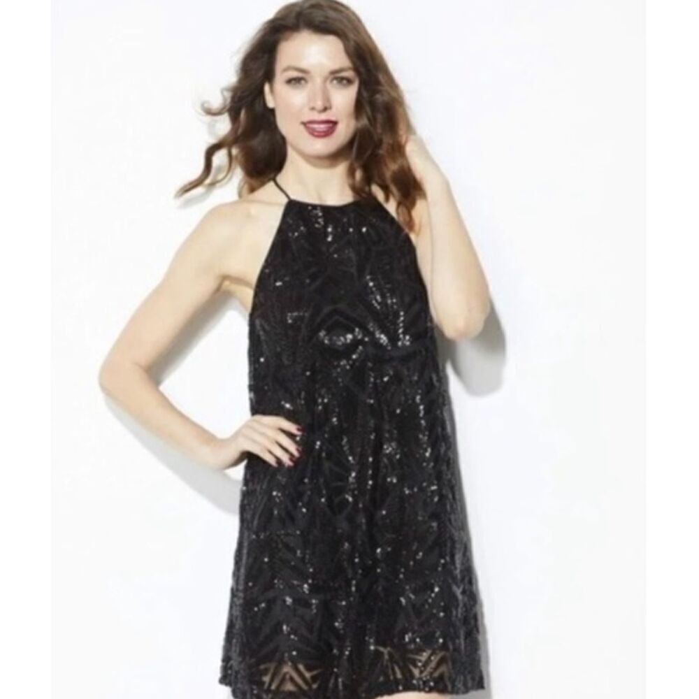 Everly Black Sequined Sparkle Mini Little Black Dress Sleeveless Patterned Small